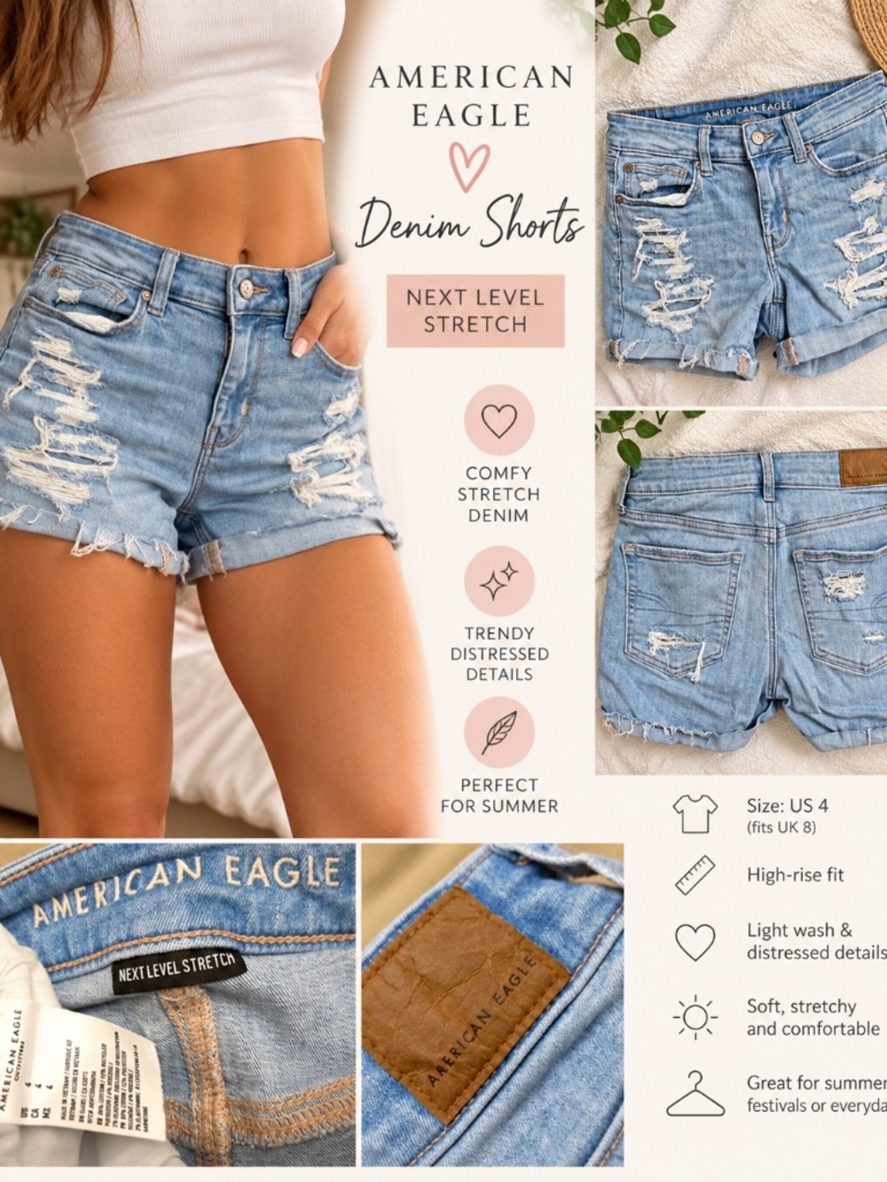 American Eagle Distressed Denim Shorts | Light Wash | Size 4